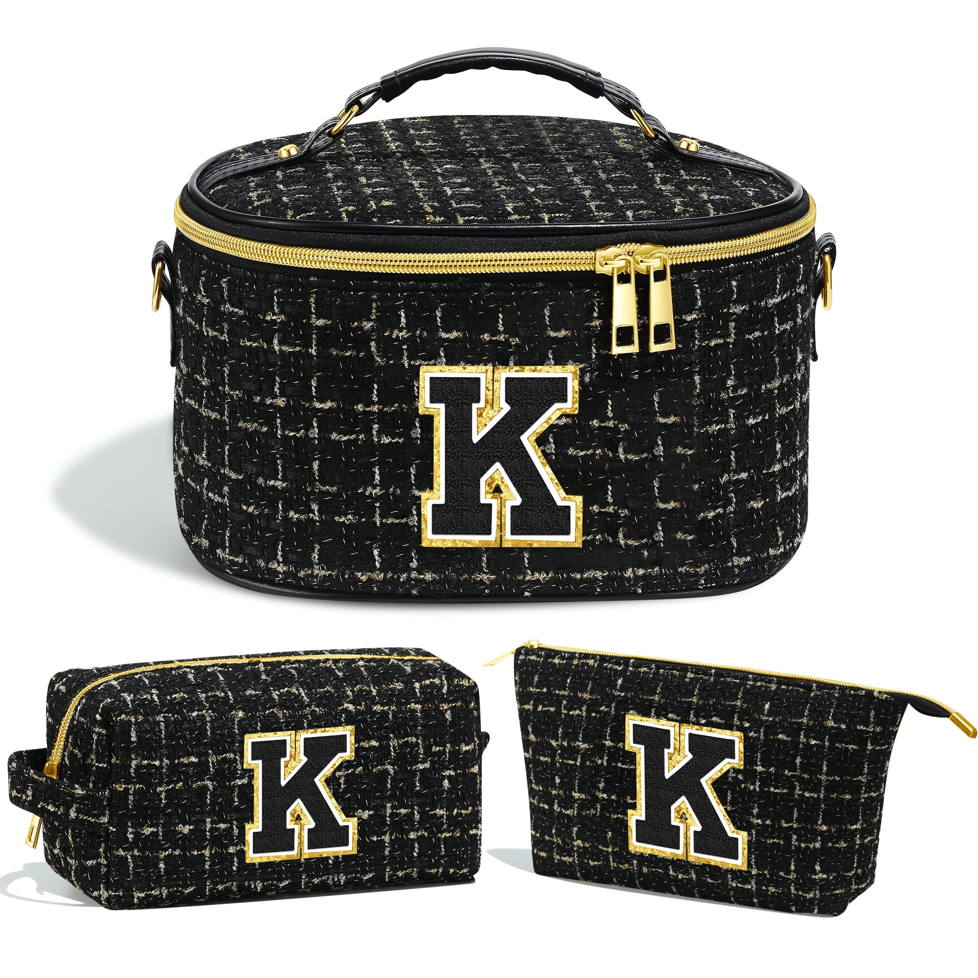 3PCS Monogram Personalized Black Initial Makeup Bags Pouch for Women Cosmetic Make Up Bag Travel Toiletry Bag for Her Walmart Business Supplies