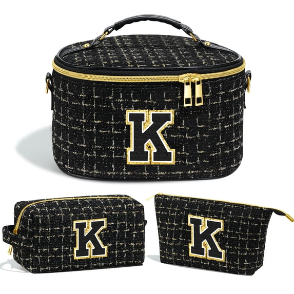 3PCS Monogram Personalized Black Initial Makeup Bags Pouch for Women, Cosmetic Make Up Bag Travel Toiletry Bag for Her