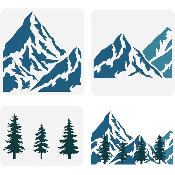 3PCS Mountain and Tree Stencil 3 Styles 2 Size Hollow Out Mountain Range Stencil Reusable Valley Stencil Pine Trees Craft Stencil