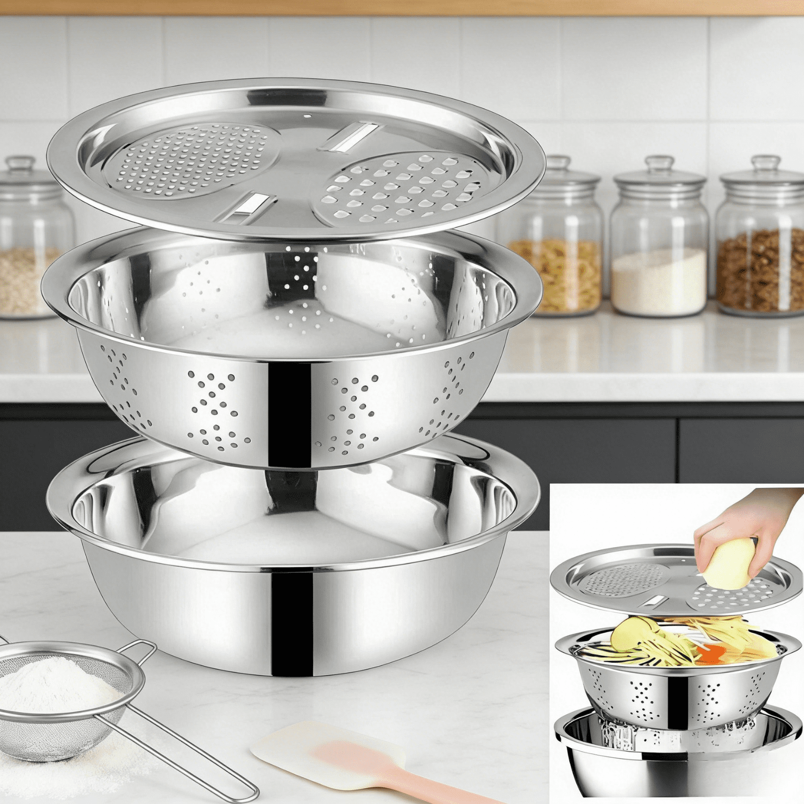 Food Rinser 3PCS Multifunctional Stainless Steel Basin Set,Strainer And Drain ...