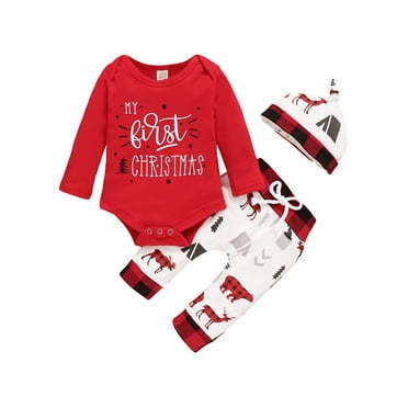 3PCS Newborn Baby Boy Girls My 1st Christmas Outfits Long Sleeve Romper Pajamas+Drawstring Pants+Hat