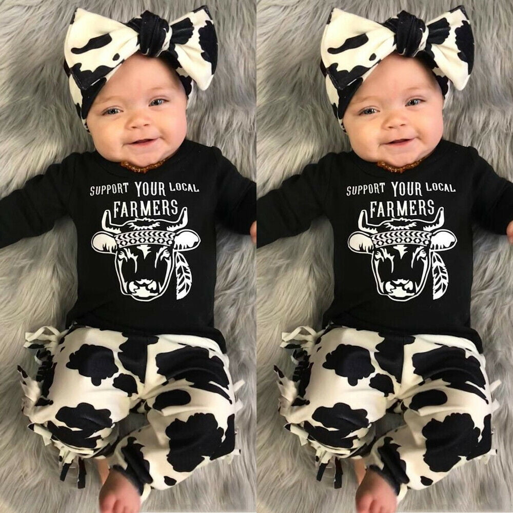 3PCS Newborn Baby Girls Romper Cow Headbands Tops Pants Outfits Clothes Set Walmart