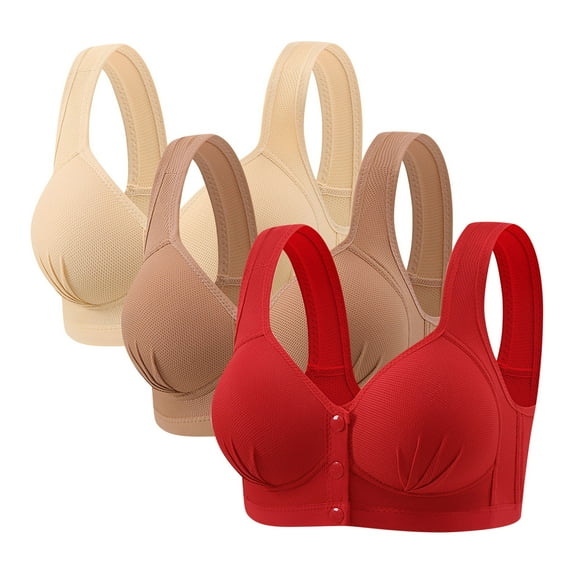3PCS No Underwire Bras Comfortable Breathable Front Closure Bralettes Solid Color Full Coverage Bras for Seniors (3XL, Beige,Khaki,Red)