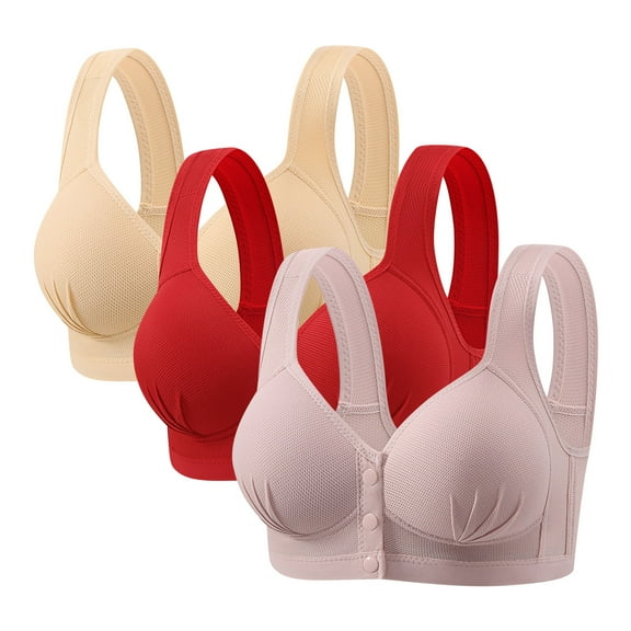 3PCS No Underwire Bras Comfortable Breathable Front Closure Bralettes Solid Color Full Coverage Bras for Seniors (XXL, Beige,Red,Purple)