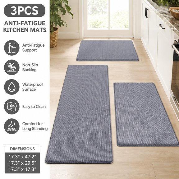 3PCS Non Slip Kitchen Mats, Anti Fatigue Cushioned Floor Rugs, Waterproof Sink Mat for Standing Comfort, Grey
