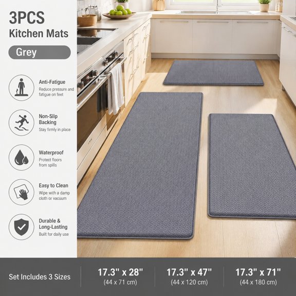 3PCS Non Slip Kitchen Mats for Floor, Anti Fatigue Cushioned Kitchen Rugs, Waterproof Sink Mat for Standing Comfort, Grey