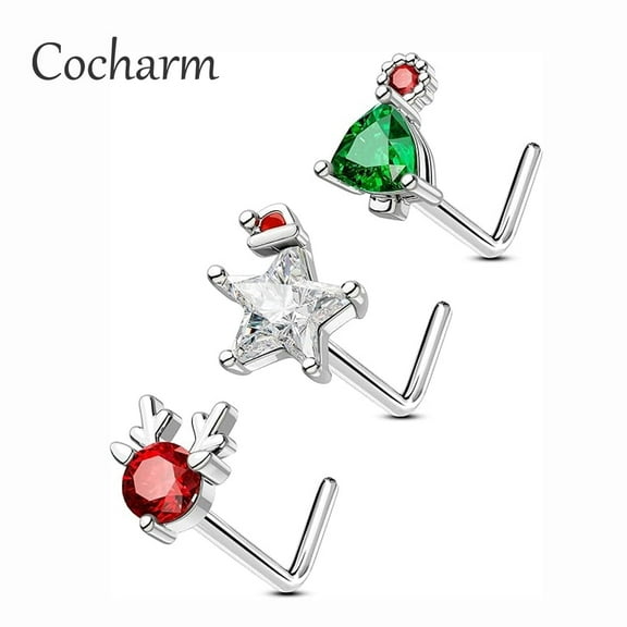 3PCS Nose Studs L-Shape 20G Surgical Steel Cubic Zirconia Christmas Nostril Piercing Jewelry