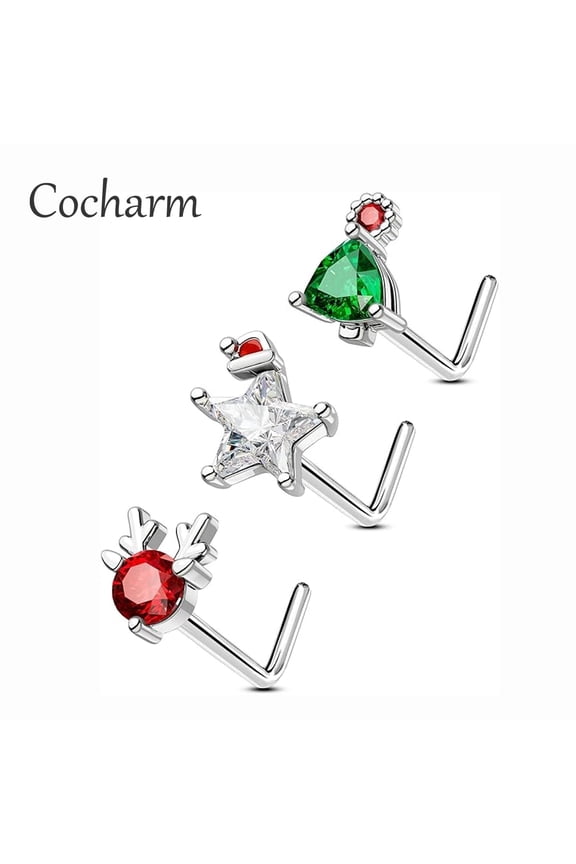 3PCS Nose Studs L-Shape 20G Surgical Steel Cubic Zirconia Christmas Nostril Piercing Jewelry