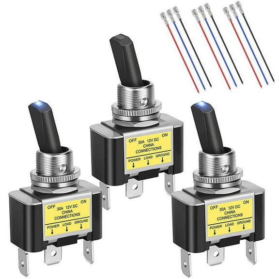 3PCS ON Off Rocker Lighted Toggle Switch 30A 12V DC SPST 2 Position 3 Pin Blue LED Light ma3144