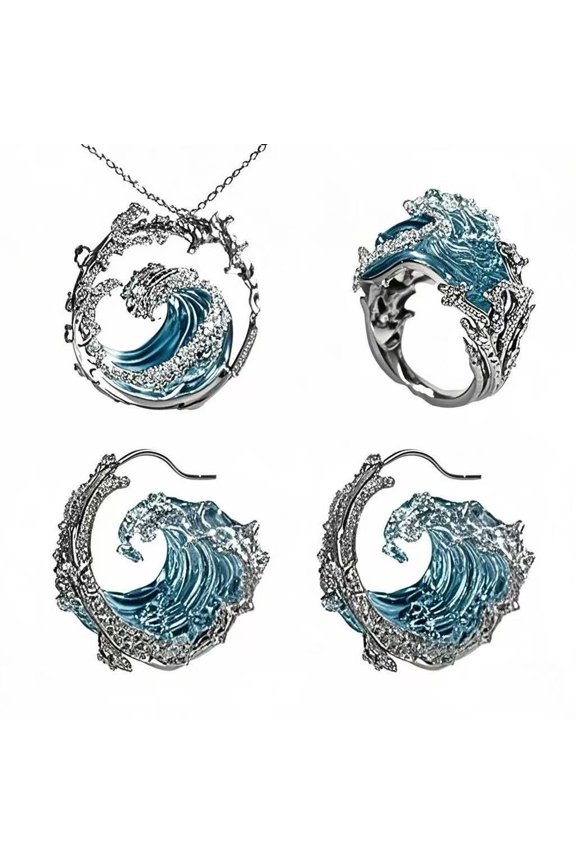 3PCS Ocean Oath Jewelry Set, Bohemian Blue Wave Necklace, Earrings and Rings Comes with Free Gift Box!!!