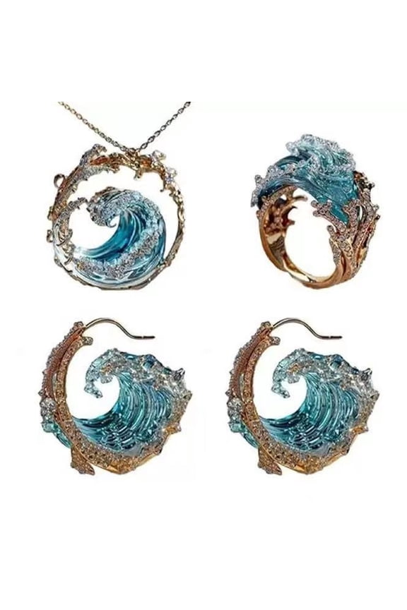 3PCS Ocean Oath Jewelry Set, Bohemian Blue Wave Necklace, Earrings and Rings Comes with Free Gift Box!!!