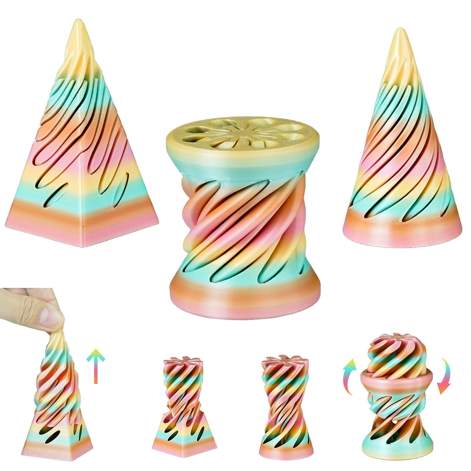 Impossible Cone 3pcs, 3D Printed Spiral Fidget Pyramid Pass Through Sculpture, Stress Relief Stocking Filler White Elephant Gift