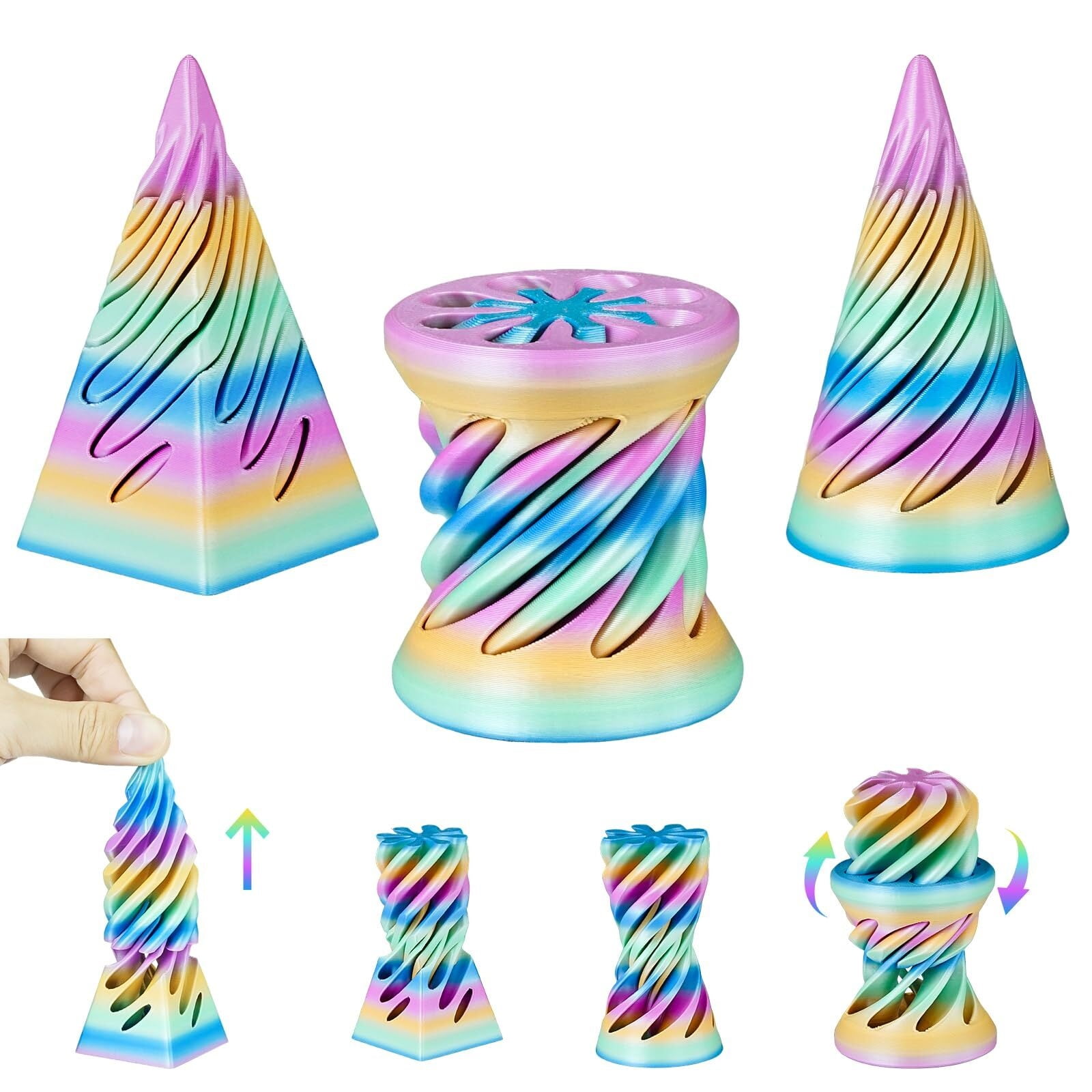 Impossible Cone 3pcs, 3D Printed Spiral Fidget Pyramid Pass Through Sculpture, Stress Relief Stocking Filler White Elephant Gift