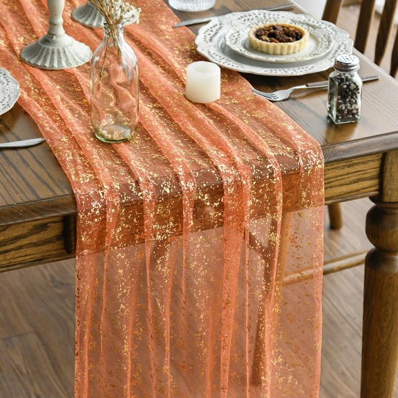 3PCS Orange Gold Gauze Table Runner 120 Inch 10FT, Glitter Metallic Foil Sheer Chiffon Cheesecloth Dining Holiday Table Decor for Home Party