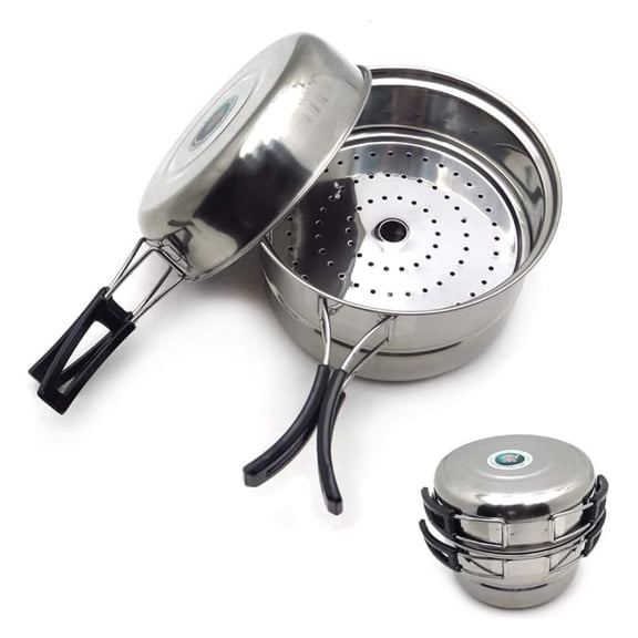 - 3PCS Outdoor Camping Cookware Stainless Steel Cooking Picnic Bowl Pot Pan Set