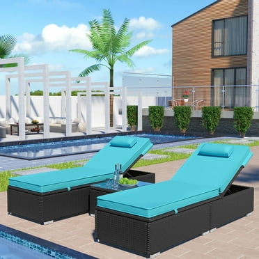3PCS Outdoor Chaise Lounge, Patio Wicker Chaise Lounge with Glass Coffee Table, PE Rattan Lounge Chair with Adjustable Back and Feet, Cushioned Chaise Lounge Patio Furniture Set for Poolside, Blue