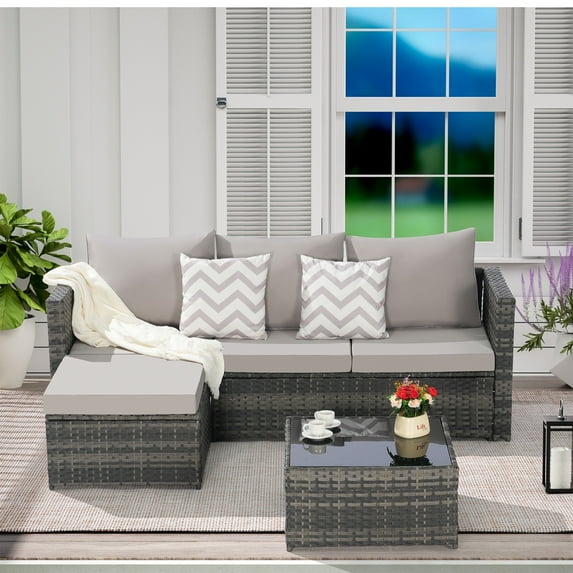 3PCS Outdoor Patio Furniture Set, Wicker Rattan Conversation Sofa Sets w/Ottoman, Glass Table, All-Weather Anti-Slip Bistro Set with Detachable Soft Cushions, Light Grey