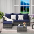 thumbnail image 1 of 3PCS Outdoor Patio Furniture Set, Wicker Rattan Conversation Sofa Sets w/Ottoman, Glass Table, All-Weather Anti-Slip Bistro Set with Detachable Soft Cushions, Dark Blue, 1 of 8