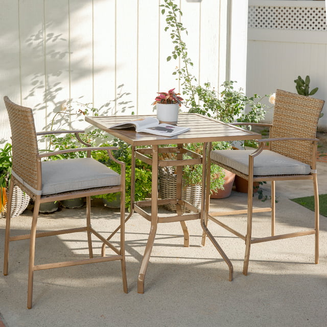 3PCS Outdoor Patio Rattan Wicker Bar Table Stools Dining Set Cushioned Chairs Garden, Beige/Grey