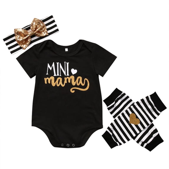 3PCS Outfit Set Newborn Toddler Baby Girl Clothes Mini Mama Romper Leg Warmers Bow Headband