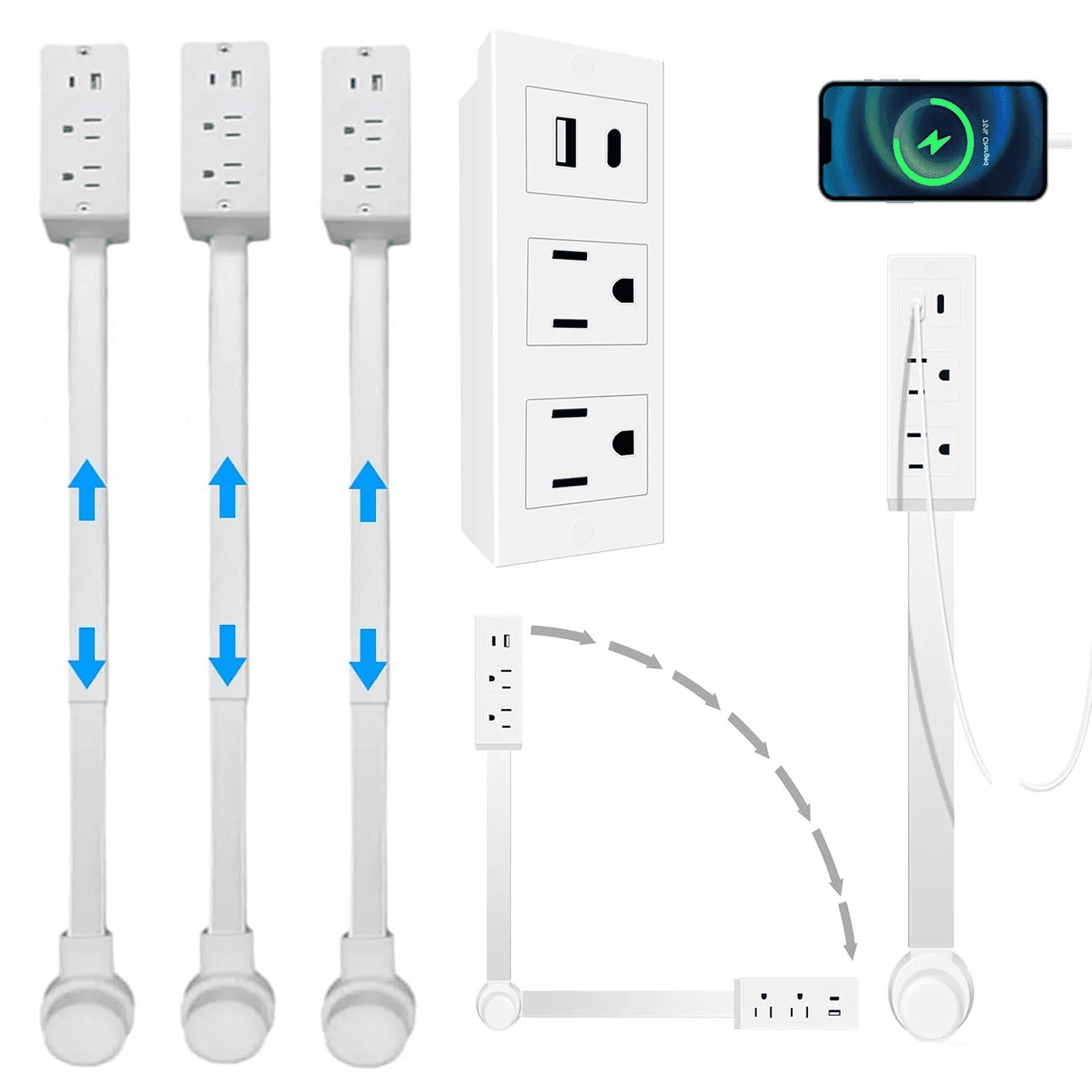 3PCS Outlet Extender Stick,Extendable Outlet,Rotating Outlet Extender,Electrical Outlet Extender Stick,Extended And Rotating Outlet Features,With Usb-A, Usb-C, And 2 Ac Outlets