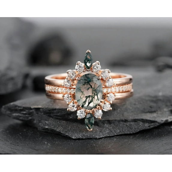 3PCS Oval Shape Moss Agate Engagement Ring Set, 14K Gold Plated Promise Wedding Rings Bridal Set, Nature Inspired Gold Plated, Silver Gift