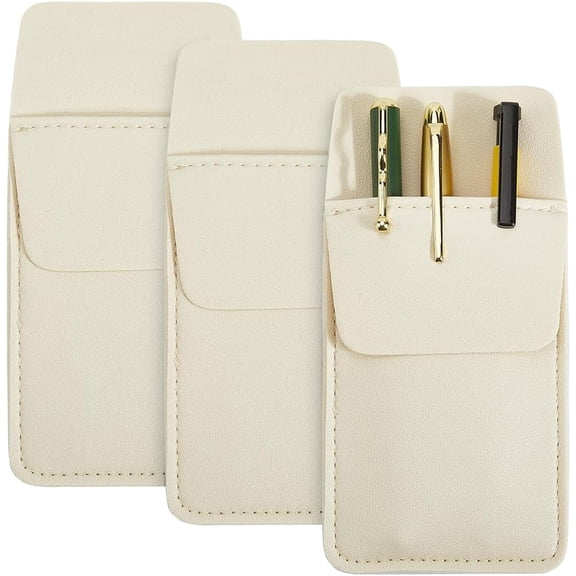 3PCS PU Leather Pocket Protector Pen Pouch Holder Multipurpose Pencil Pocket Protector Cowhide Heavy Duty Tool Organizer for Nurse Teacher Shirts Hospital Office (White)