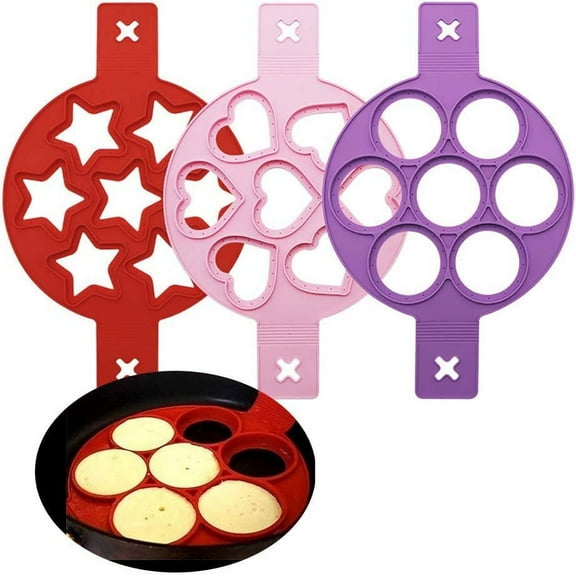 3PCS Pancake Making Mold, Non Stick Fried Egg Mould with 7 Cavity (Heart Round Star Shape)