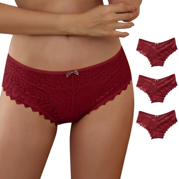 3PCS Panties For Women Crochet Lace Lace Up Panty Sexy Hollow Out Underwear(M, Red)
