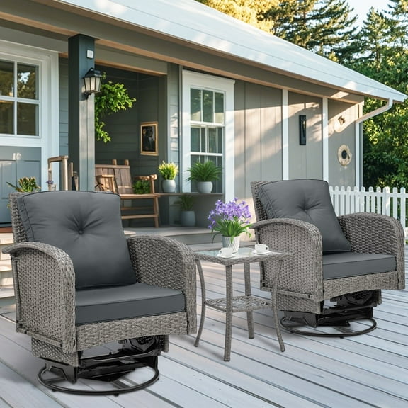 3PCS Patio Bar Rocking Furniture Sets, Outdoor Bistro Table and Swivel Chair Set for Poolside, Conversation Set w/ Table, 2 Rocking Chair, Removable Cushions, Max Weight 275lbs, Gray