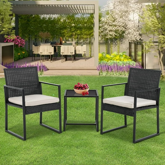 FDW 3 Piece Wicker Outdoor Bistro Sets with 2 Chairs and Coffee Table, Kha
