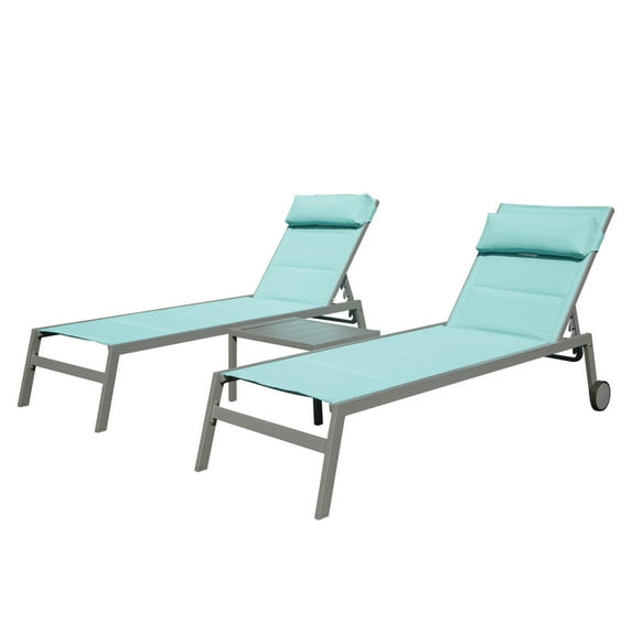 3PCS Patio Chaise Lounge Chair Sets with Side Table, Textilene Reclining Chair w/ Adjustable Backrest, 2 Wheels and Aluminum Frame, Outdoor Recliners for Poolside Beach Balcony (Lake Blue)