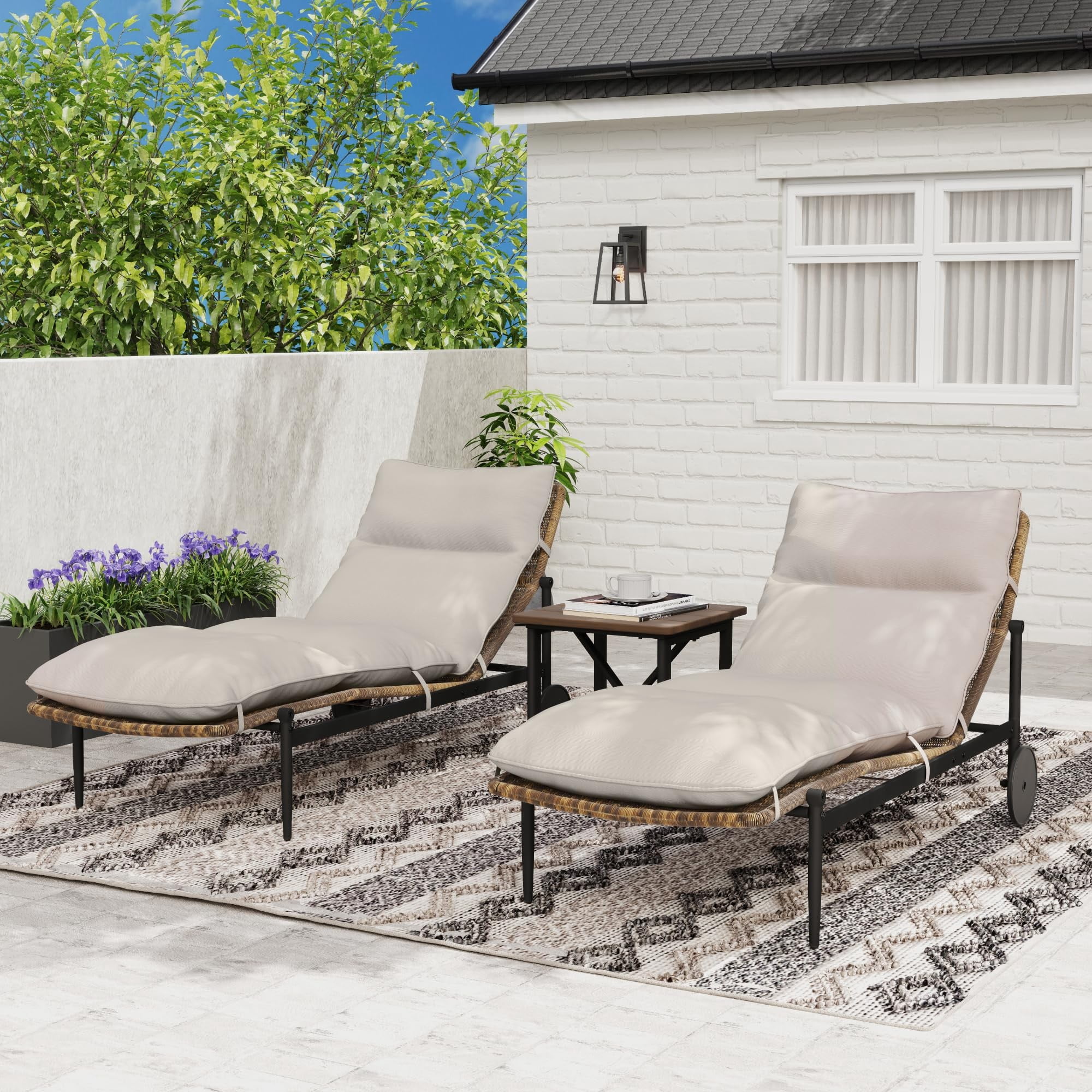 3PCS Patio Chaise Lounge Set of 2 with Table Outdoor Wicker Lounge Chairs with Cushion Wheels Aluminum Pool Lounge Chairs for Backyard Porch Deck, Beige