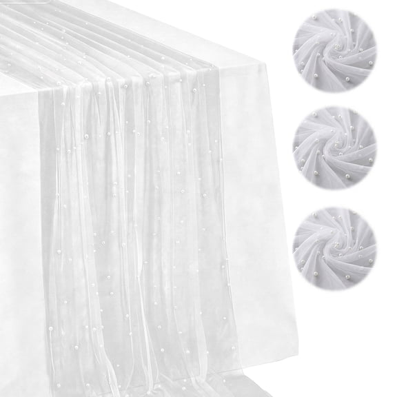 3PCS Pearl Gauze Table Runner 10FT Sheer Tablecloth Elegant Dining Table Decor for Home Party Holiday Wedding,33 x 124 Inches