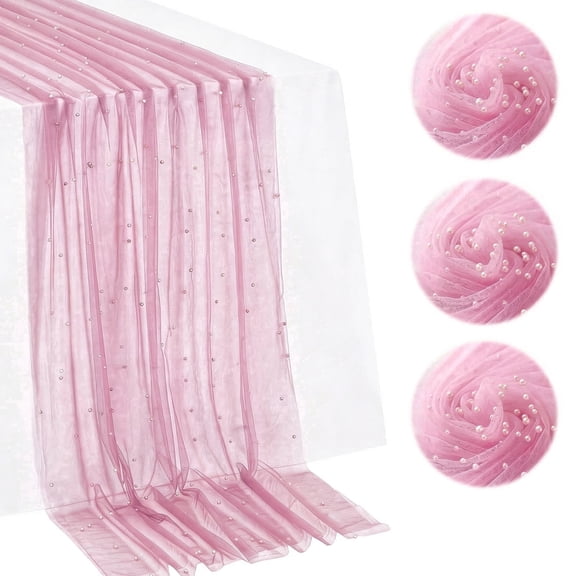 3PCS Pearl Table Runner 10FT Tulle Gauze Cheesecloth Sheer Chiffon Table Cover, 33 x 124 Inches Elegant Mesh Fabric for Wedding Bridal Shower Birthday Party Centerpiece Decoration, Pink