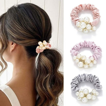 3PCS Pearl Hair Ties Elastic Ponytail Holder Satin Hair Scrunchies Beaded Set Hairbands Simple Hair Accessories for Women