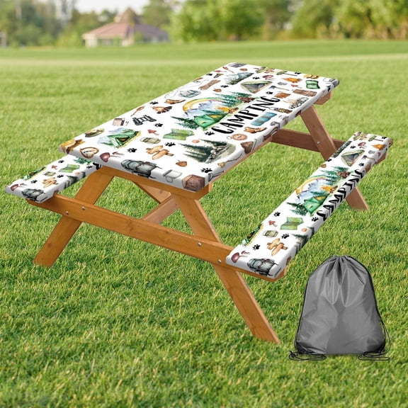 3PCS Picnic Table Cover with Bench Covers, Happy Camper RV Camping Tablecloth Fitted Picnic Picnic Table Cover with Elastic Windproof Waterproof, Outdoor & Garden Camping Accessories Essentials 60in