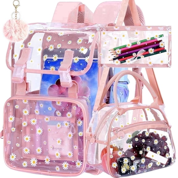 3PCS Pink Clear Backpack Set, Heavy Duty Stadium Approved Transparent Bookbag for Girls Women, See Through Backpack with Lunch Box (Pink Daisy)