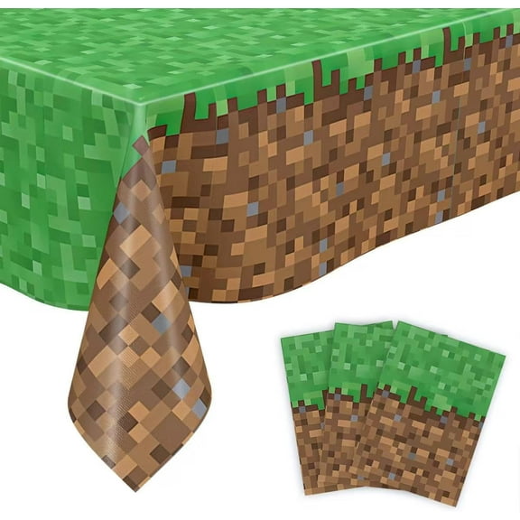 3PCS Pixel Gaming Tablecloth Set 51 x 87 inches, Green and Brown Table Cover for Video Game Themed Birthday Party Decoration Supplies