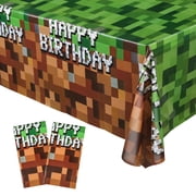 2PCS Pixel Gaming Tablecloth Set 51 x 87 inches, Green and Brown Table Cover for Video Game Themed Birthday Party Decoration Supplies