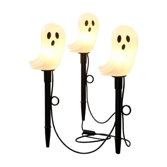 3PCS Plastic Ghost Stake Lights, 14.17 in Halloween Decorations Outdoor Glow Yard Lamps, Smiling Ghost Halloween Decor for Window Bar Haunted House (Warm White)