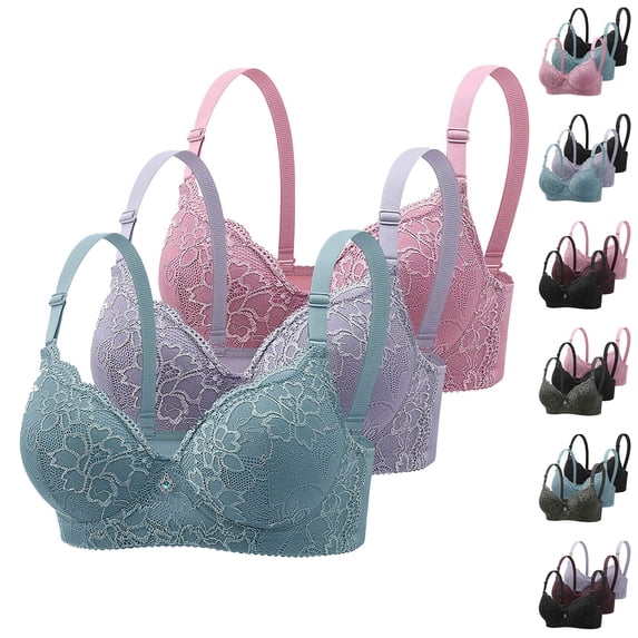 3PCS Plus Size Flower Support Bra for Women, Underwire Breathable Push Up Daily Underwear Casual Daily | TruHer,Gray 2XL