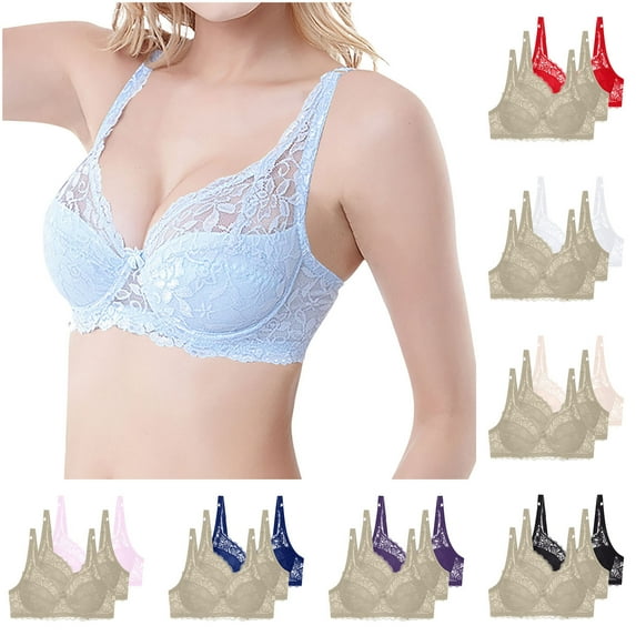 3PCS Plus Size Women's Bras Push up Underwire Solid Color Breathable Bras Women's Comfortable Lightweight Supportive Daily Bras Sleeping Underwear Blue 80C