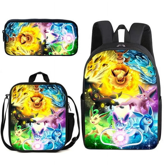 3PCS Pokemon_Pika-chu Backpack with Lunch Bag Pencil Case Cartoon Backpack Laptop Bag Outdoor Sports Pockets For Travel Backpack 17IN