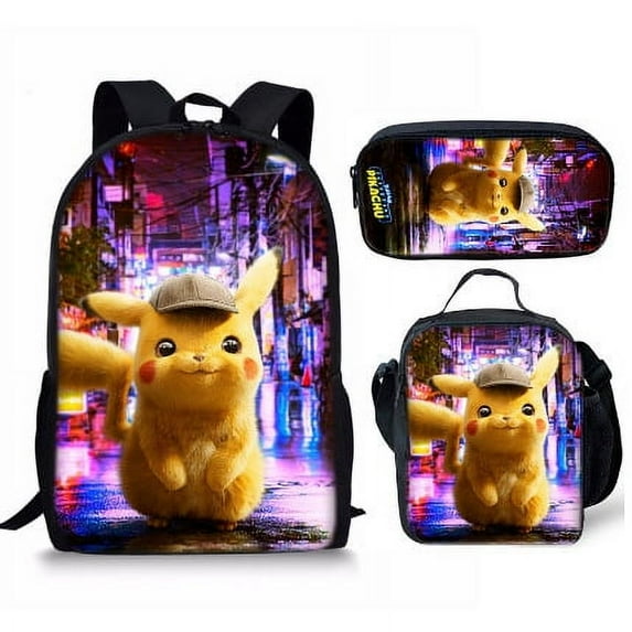 3PCS Pokemon_Pika-chu Backpack with Lunch Bag Pencil Case Cartoon Backpack Laptop Bag Outdoor Sports Pockets For Travel Backpack 17IN