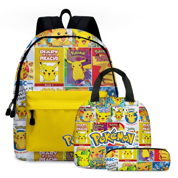 3PCS Pokemon_Pika-chu Backpack with Lunch Bag Pencil Case Cartoon Bookbag Outdoor Sports Pockets For Travel Backpack 17IN