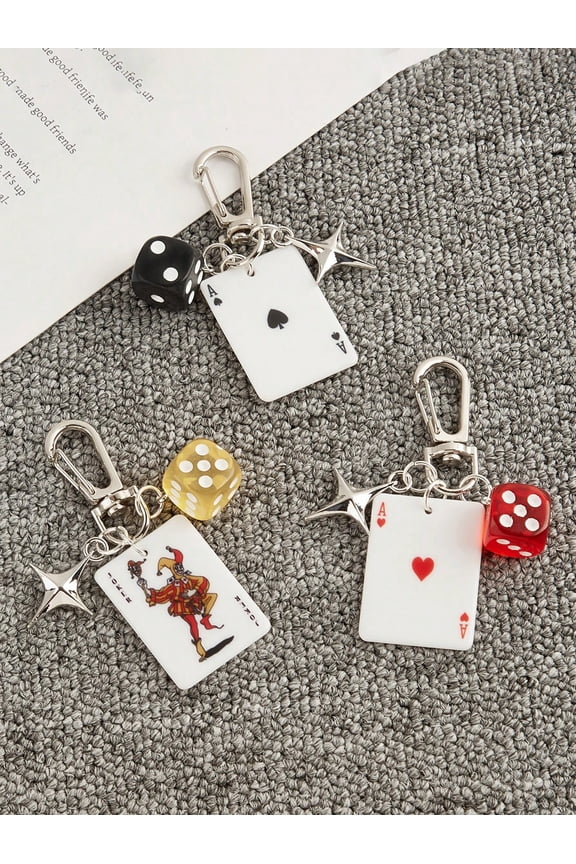 3PCS Poker Dice Keychain With Star Pendant Spade Rhinestone Club Alloy Metal Keychain Decorative Keychain For Bags Cartoon Number Theme Jewelry Car Keychain C