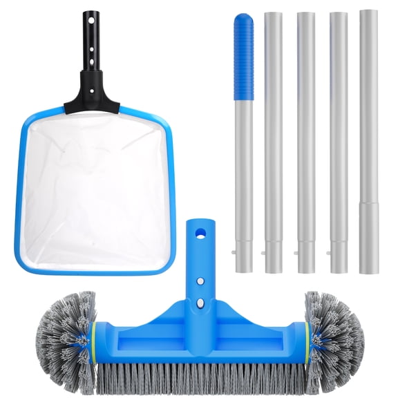 3PCS Pool Cleaning Kit - 12.5'' Pool Brush with Round End & 11'' Pool Skimmer Net Fine Mesh & 5.8 Feet Thick Aluminum Pole 5-Segment, for Above Ground & Inground Pools Ponds