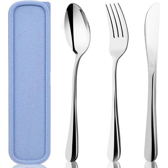 3PCS Portable Utensils Set with Case, Travel Cutlery Set Stainless Steel Utensils Reusable Silverware for Lunch Camping School Picnic Office Dishwasher Safe Blue