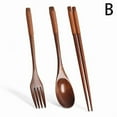 thumbnail image 1 of 3PCS Portable Wooden Tableware Set - Fork, Spoon & Long-Handle Chopsticks (Korean Style), 1 of 7